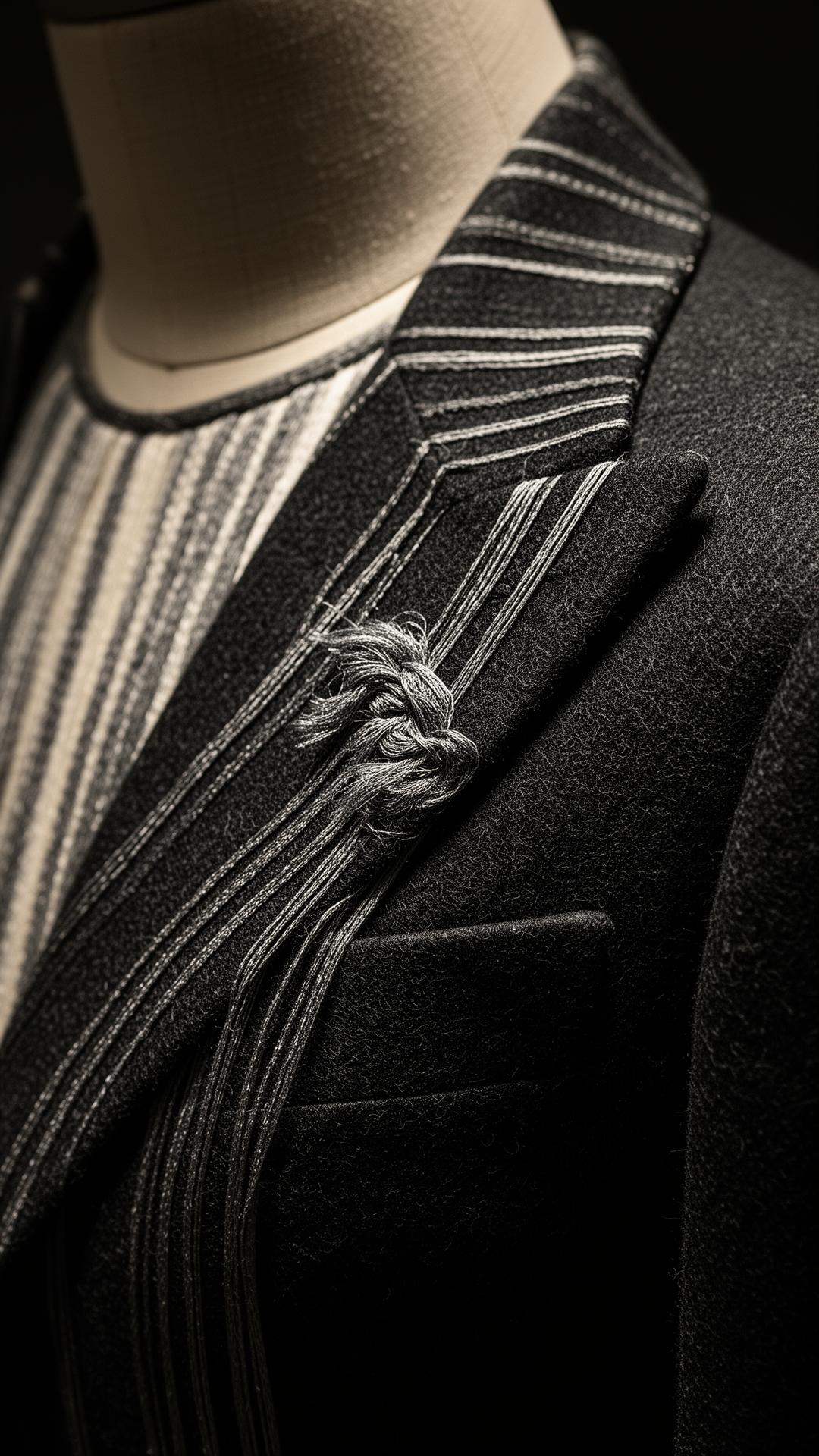 Détail couture — fil de soie sur laine